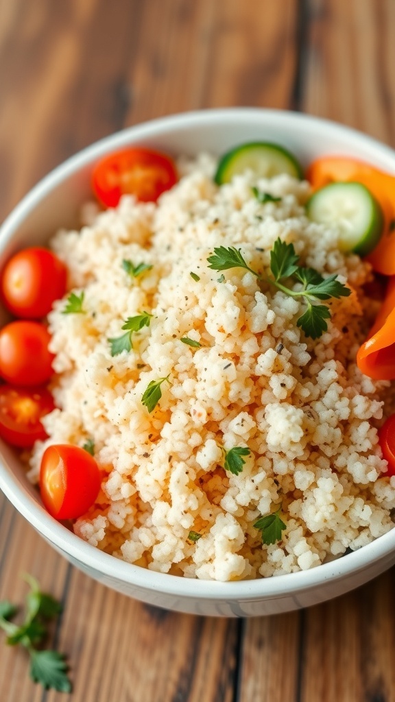 A bowl of cooked quinoa garnished with herbs and served with fresh vegetables.